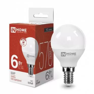Лампа светодиодная LED-ШАР-VC 6Вт 230В E14 4000К 540лм IN HOME 4690612020518 Лампа светодиодная LED-ШАР-VC 6Вт 230В E14 4000К 540лм IN HOME 4690612020518
