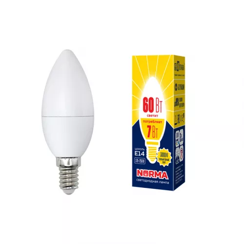 LED-C37-7W/WW/E14/FR/NR Лампа светодиодная. Форма "свеча", матовая. Серия Norma. Теплый белый свет (3000K). Картон. ТМ Volpe LED-C37-7W/WW/E14/FR/NR Лампа светодиодная. Форма "свеча", матовая. Серия Norma. Теплый белый свет (3000K). Картон. ТМ Volpe