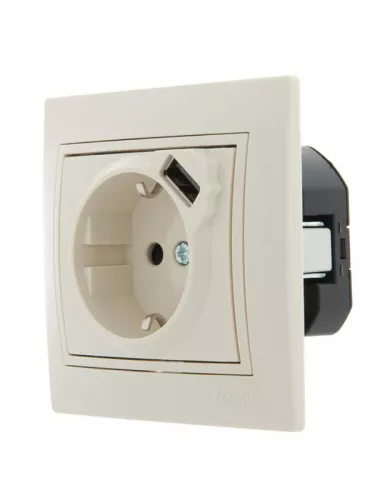 Розетка 1-м СП Мира 16А с з/к +USB крем. LEZARD 701-0303-181 фото 2