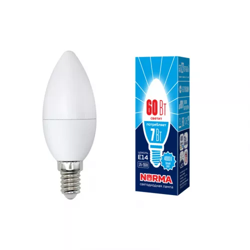LED-C37-7W/NW/E14/FR/NR Лампа светодиодная. Форма "свеча", матовая. Серия Norma. Белый свет (4000K). Картон. ТМ Volpe
