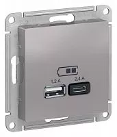 Механизм розетки USB AtlasDesign A+С 5В/2.4А 2х5В/1.2А алюм. SchE ATN000339