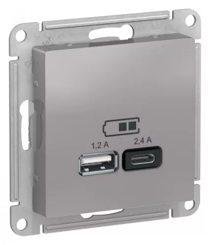 Механизм розетки USB AtlasDesign A+С 5В/2.4А 2х5В/1.2А алюм. SchE ATN000339