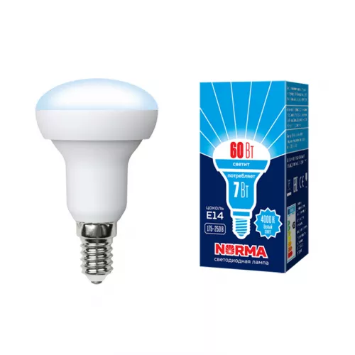 LED-R50-7W/NW/E14/FR/NR Лампа светодиодная. Форма "Рефлектор", матовая. Серия Norma. Белый свет (4000K). Картон. ТМ Volpe LED-R50-7W/NW/E14/FR/NR Лампа светодиодная. Форма "Рефлектор", матовая. Серия Norma. Белый свет (4000K). Картон. ТМ Volpe