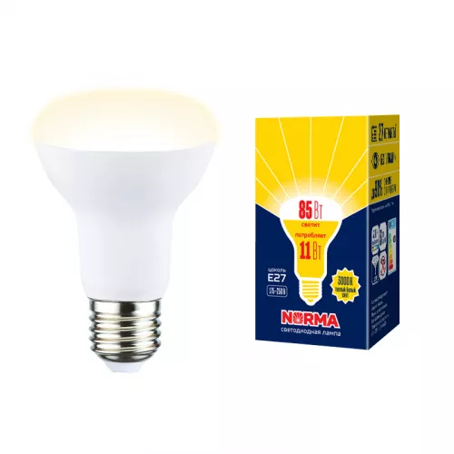 LED-R63-11W/3000K/E27/FR/NR Лампа светодиодная. Форма "Рефлектор", матовая. Серия Norma. Теплый белый свет (3000K). Картон. ТМ Volpe