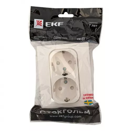 Розетка 2-м СП Стокгольм 16А IP20 с заземл. защ. шторки бел. PROxima EKF EXR16-128-10 фото 2