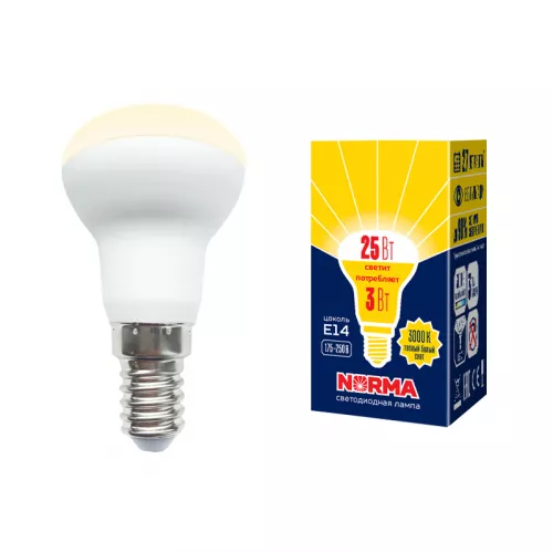 LED-R39-3W/3000K/E14/FR/NR Лампа светодиодная. Форма "Рефлектор", матовая. Серия Norma. Теплый белый свет (3000K). Картон. ТМ Volpe