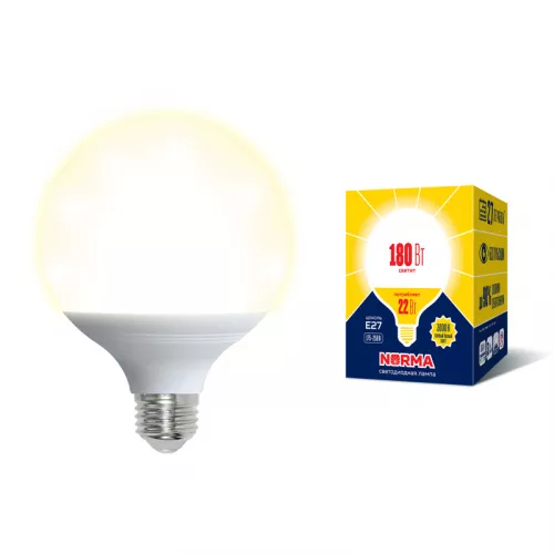 LED-G120-22W/3000K/E27/FR/NR Лампа светодиодная. Форма "шар", матовая. Серия Norma. Теплый белый свет (3000K). Картон. ТМ Volpe.