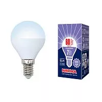 LED-G45-7W/DW/E14/FR/NR Лампа светодиодная. Форма "шар", матовая. Серия Norma. Дневной белый свет (6500K). Картон. ТМ Volpe