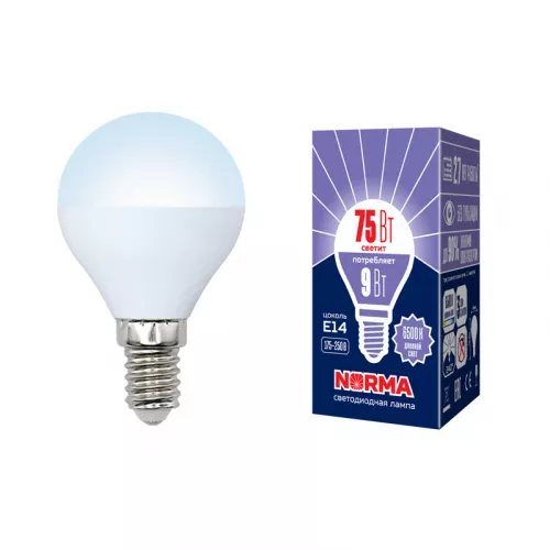 LED-G45-9W/DW/E14/FR/NR Лампа светодиодная. Форма "шар", матовая. Серия Norma. Дневной белый свет (6500K). Картон. ТМ Volpe LED-G45-9W/DW/E14/FR/NR Лампа светодиодная. Форма "шар", матовая. Серия Norma. Дневной белый свет (6500K). Картон. ТМ Volpe