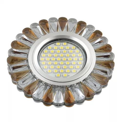 DLS-L145 GU5.3 GLASSY/TEA Светильник декоративный встраиваемый, серия Luciole. Без лампы, цоколь GU5.3. Доп. светодиодная подсветка 3Вт. Стекло. Зеркальный/прозрачный+светло-коричневый. ТМ Fametto