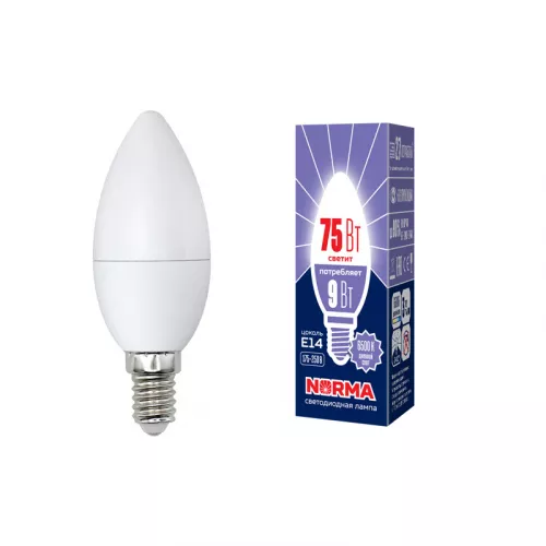 LED-C37-9W/DW/E14/FR/NR Лампа светодиодная. Форма "свеча", матовая. Серия Norma. Дневной белый свет (6500K). Картон. ТМ Volpe