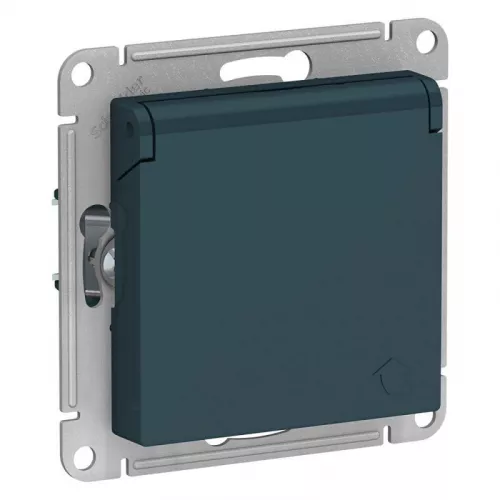 Механизм розетки 1-м СП AtlasDesign 16А IP20 с заземл. защ. шторки с крышкой изумруд SchE ATN000846