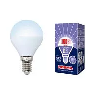 LED-G45-11W/DW/E14/FR/NR Лампа светодиодная. Форма "шар", матовая. Серия Norma. Дневной белый свет (6500K). Картон. ТМ Volpe
