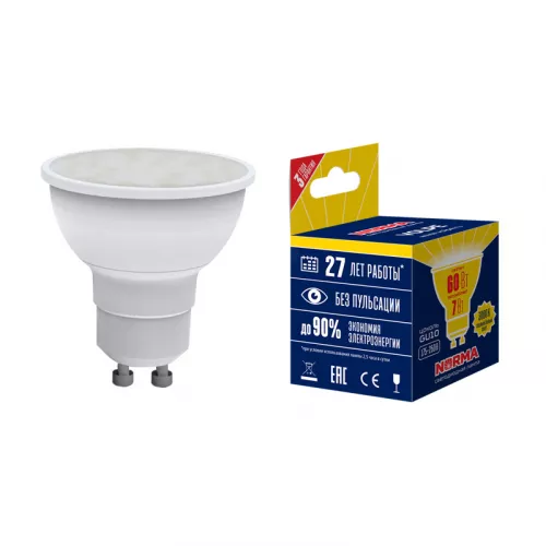 LED-JCDR-7W/WW/GU10/NR Лампа светодиодная. Форма "JCDR", матовая. Серия Norma. Теплый белый свет (3000K). Картон. ТМ Volpe LED-JCDR-7W/WW/GU10/NR Лампа светодиодная. Форма "JCDR", матовая. Серия Norma. Теплый белый свет (3000K). Картон. ТМ Volpe