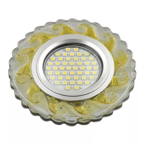 DLS-L139 GU5.3 GLASSY/GOLD Светильник декоративный встраиваемый, серия Luciole. Без лампы, GU5.3. Доп. светодиодная подсветка 3Вт. Стекло. Зеркальный/прозрачный+светло-желтый. ТМ Fametto