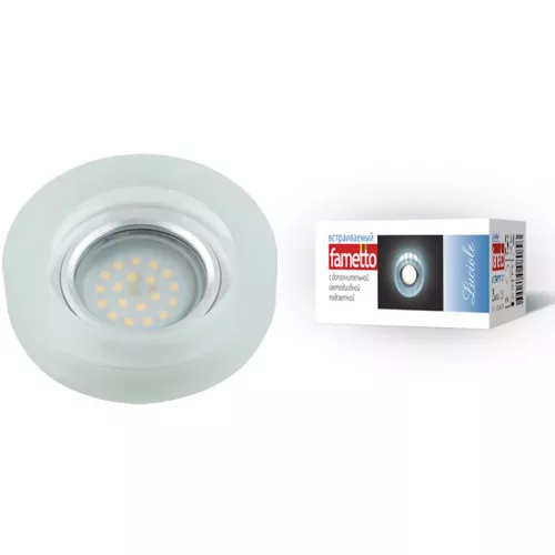 DLS-L110 GU5.3 CHROME/MATT CLEAR Светильник декоративный встраиваемый, серия Luciole. Без лампы, цоколь GU5.3. Доп. светодиодная подсветка 3Вт. Металл/стекло. Хром/матовый+прозрачный. ТМ Fametto