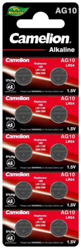 Элемент питания алкалиновый "таблетка" G10 Mercury Free AG10-BP0%Hg 389A/LR1130/189 BL-10 (блист.10шт) Camelion 12818