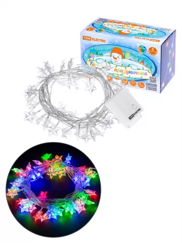 Гирлянда светодиодная "Звездочки" 50LED, 5м, 8 режимов, многоцвет., прозр.шнур, 250 В, TDM Гирлянда светодиодная "Звездочки" 50LED, 5м, 8 режимов, многоцвет., прозр.шнур, 250 В, TDM