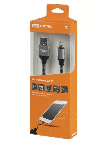 Дата-кабель, ДК 12, USB - Lightning, 1 м, тканевая оплетка, серый, TDM фото 4