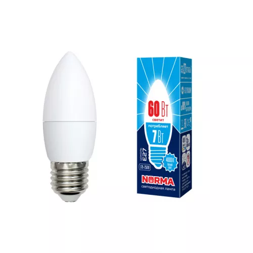 LED-C37-7W/NW/E27/FR/NR Лампа светодиодная. Форма "свеча", матовая. Серия Norma. Белый свет (4000K). Картон. ТМ Volpe LED-C37-7W/NW/E27/FR/NR Лампа светодиодная. Форма "свеча", матовая. Серия Norma. Белый свет (4000K). Картон. ТМ Volpe