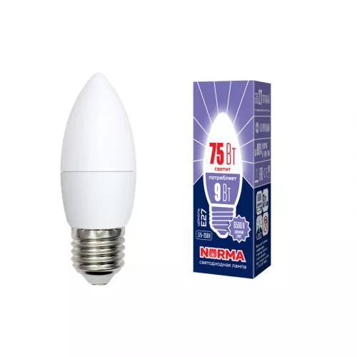 LED-C37-9W/DW/E27/FR/NR Лампа светодиодная. Форма "свеча", матовая. Серия Norma. Дневной белый свет (6500K). Картон. ТМ Volpe LED-C37-9W/DW/E27/FR/NR Лампа светодиодная. Форма "свеча", матовая. Серия Norma. Дневной белый свет (6500K). Картон. ТМ Volpe