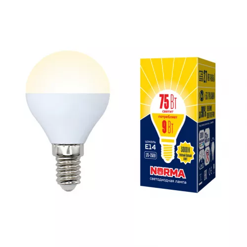 LED-G45-9W/WW/E14/FR/NR Лампа светодиодная. Форма "шар", матовая. Серия Norma. Теплый белый свет (3000K). Картон. ТМ Volpe LED-G45-9W/WW/E14/FR/NR Лампа светодиодная. Форма "шар", матовая. Серия Norma. Теплый белый свет (3000K). Картон. ТМ Volpe