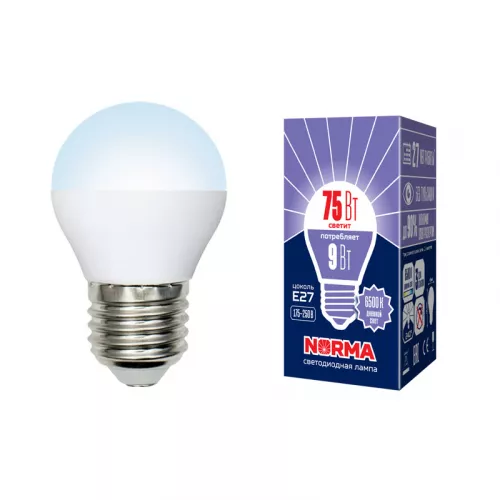 LED-G45-9W/DW/E27/FR/NR Лампа светодиодная. Форма "шар", матовая. Серия Norma. Дневной белый свет (6500K). Картон. ТМ Volpe