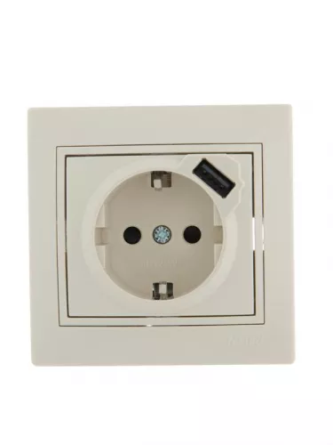 Розетка 1-м СП Мира 16А с з/к +USB крем. LEZARD 701-0303-181