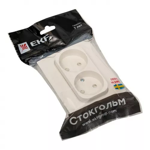Розетка 2-м СП Стокгольм 10А IP20 без заземл. защ. шторки бел. PROxima EKF EXR10-102-10 фото 2