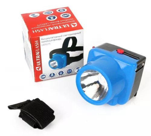 Фонарь налобный аккумуляторный LED5375 220В 0.4Вт LED 2 реж. пластик голуб. Ultraflash 14252