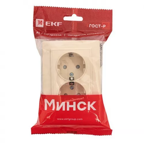 Розетка 2-м СП Минск 16А IP20 с заземл. защ. шторки беж. EKF ERR16-128-200 фото 2