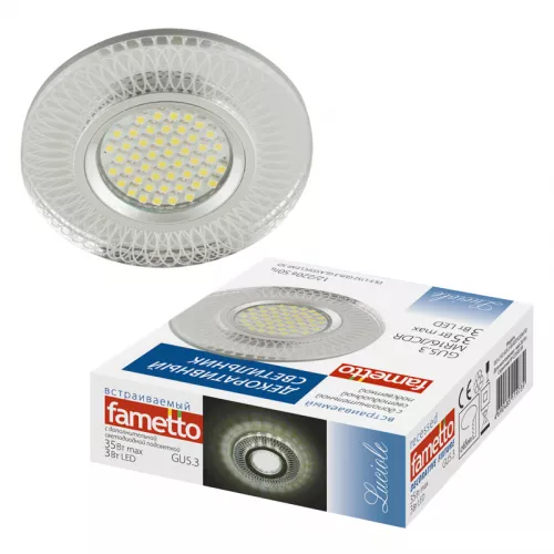 DLS-L152 GU5.3 GLASSY/CLEAR 3D Светильник декоративный встраиваемый, серия Luciole. Без лампы, цоколь GU5.3. Доп. светодиодная подсветка 3Вт. Металл/стекло. Зеркальный/Прозрачный, эффект 3D. ТМ Fametto