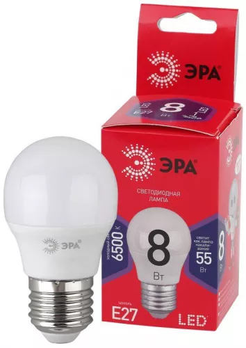 Лампа светодиодная P45-8W-865-E27 R (диод шар 8Вт хол E27) (10/100/3600) ЭРА Б0045359