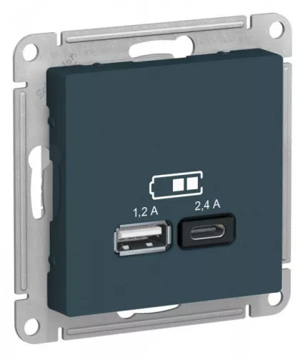 Механизм розетки USB AtlasDesign A+С 5В/2.4А 2х5В/1.2А изумруд SchE ATN000839