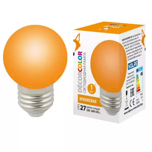 LED-G45-1W/ORANGE/E27/FR/С Лампа декоративная светодиодная. Форма "шар", матовая. Цвет оранжевый. Картон. ТМ Volpe. LED-G45-1W/ORANGE/E27/FR/С Лампа декоративная светодиодная. Форма "шар", матовая. Цвет оранжевый. Картон. ТМ Volpe.