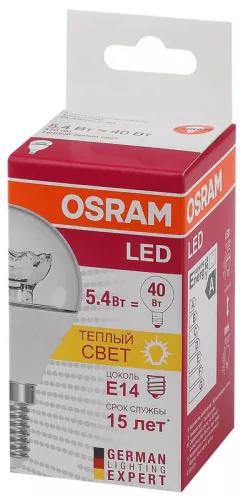 Лампа светодиодная LED STAR CLASSIC P 40 5.4W/830 5.4Вт шар 3000К тепл. бел. E14 470лм 220-240В прозр. пласт. OSRAM 4052899971622 фото 3