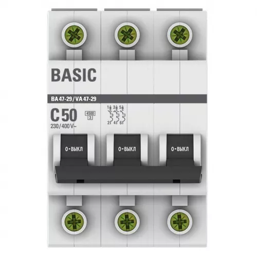 Выключатель автоматический модульный 3п C 50А 4.5кА ВА 47-29 Basic EKF mcb4729-3-50C фото 2