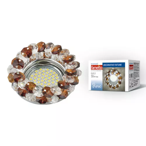 DLS-F130 GU5.3 CHROME/BROWN Светильник декоративный встраиваемый ТМ "Fametto", серия "Fiore". Без лампы, цоколь GU5.3. Основание металл, цвет хром. Отделка стекло, цвет коричневый.