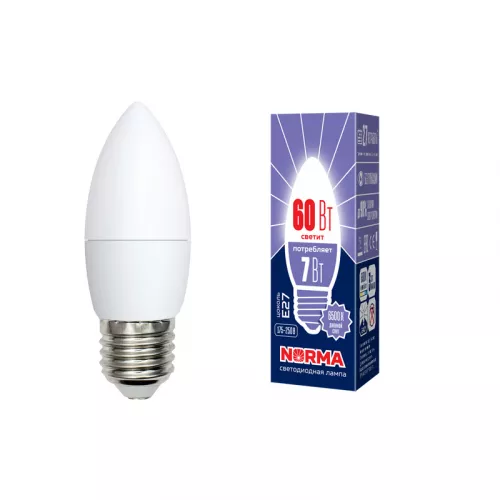 LED-C37-7W/DW/E27/FR/NR Лампа светодиодная. Форма "свеча", матовая. Серия Norma. Дневной белый свет (6500K). Картон. ТМ Volpe