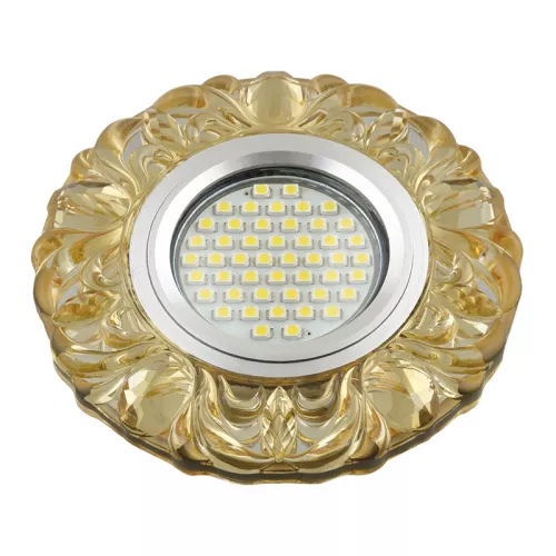 DLS-L136 GU5.3 GLASSY/YELLOW Светильник декоративный встраиваемый, серия Luciole. Без лампы, цоколь GU5.3. Доп. светодиодная подсветка 3Вт.Стекло. Зеркальный/светло-желтый. ТМ Fametto
