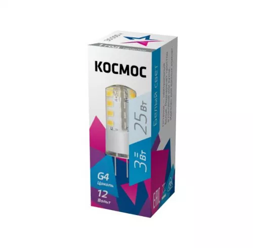 Лампа светодиодная 3Вт 12В G4 4500К КОСМОС LksmLED3wJCG412v45 Лампа светодиодная 3Вт 12В G4 4500К КОСМОС LksmLED3wJCG412v45