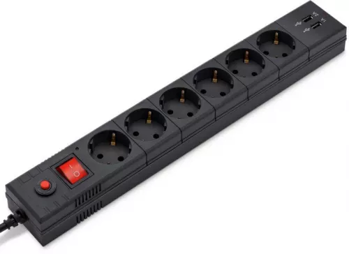 Удлинитель с сетевым фильтром 6х1.8м с заземл. 10А IP20 BU-SP1.8_USB_2A CCA 3х0.75 2USB черн. BURO 992310