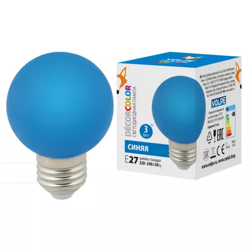 LED-G60-3W/BLUE/E27/FR/С Лампа декоративная светодиодная. Форма "шар", матовая. Цвет синий. Картон. ТМ Volpe. LED-G60-3W/BLUE/E27/FR/С Лампа декоративная светодиодная. Форма "шар", матовая. Цвет синий. Картон. ТМ Volpe.