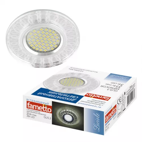 DLS-L154 GU5.3 GLASSY/CLEAR 3D Светильник декоративный встраиваемый, серия Luciole. Без лампы, цоколь GU5.3. Доп. светодиодная подсветка 3Вт. Металл/стекло. Зеркальный/Прозрачный, эффект 3D. ТМ Fametto