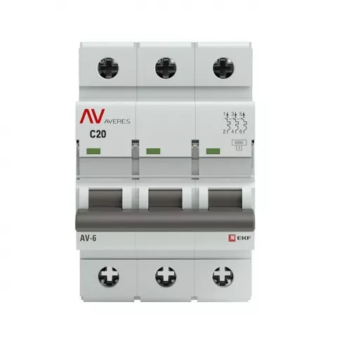Выключатель автоматический модульный 3п C 20А 6кА AV-6 AVERES EKF mcb6-3-20C-av фото 2