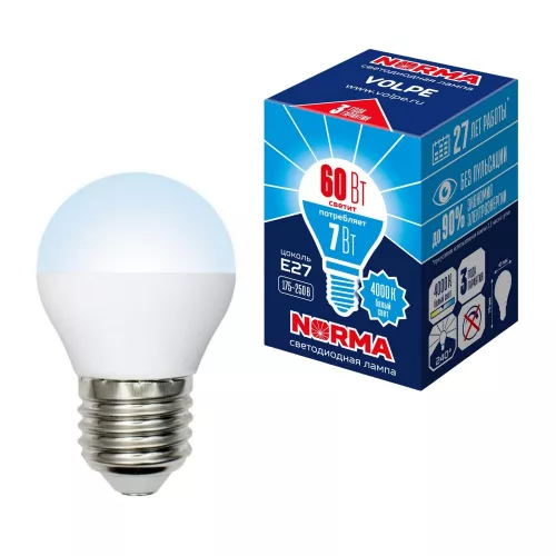 LED-G45-7W/NW/E27/FR/NR Лампа светодиодная. Форма "шар", матовая. Серия Norma. Белый свет (4000K). Картон. ТМ Volpe LED-G45-7W/NW/E27/FR/NR Лампа светодиодная. Форма "шар", матовая. Серия Norma. Белый свет (4000K). Картон. ТМ Volpe