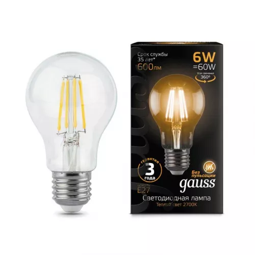 Лампа светодиодная Black Filament А60 E27 6Вт 2700К Gauss 102802106 Лампа светодиодная Black Filament А60 E27 6Вт 2700К Gauss 102802106