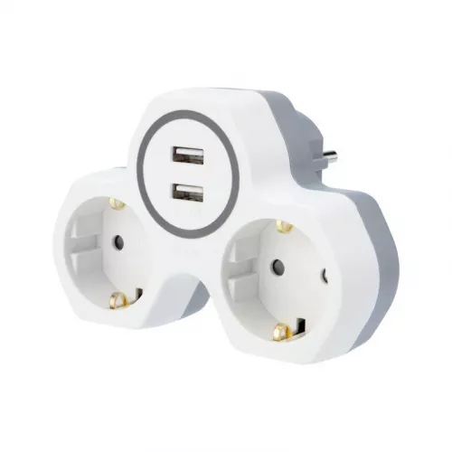 Двойник электрический 16А с заземл. и защ. шторки + 2 USB порта 24А бел. Rexant 11-1089