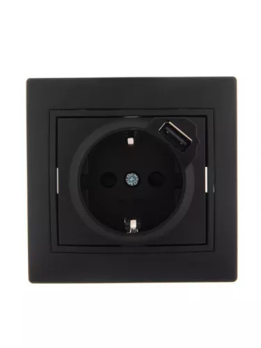 Розетка 1-м СП Мира 16А с з/к + USB разъем черн. бархат LEZARD 701-4242-181 Розетка 1-м СП Мира 16А с з/к + USB разъем черн. бархат LEZARD 701-4242-181
