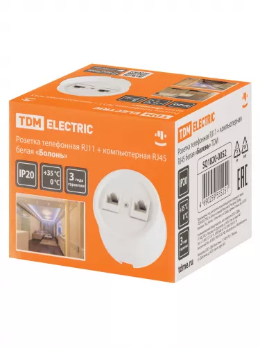 Розетка телефонная RJ11 + компьютерная RJ45 белая «Болонь» TDM фото 6